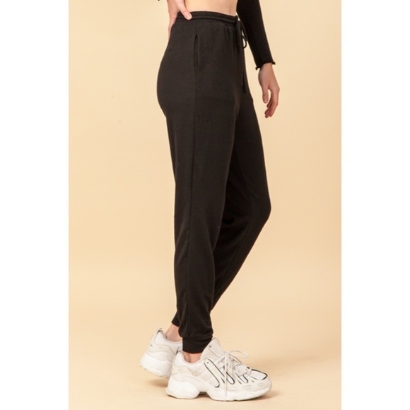 Black High Waist Drawstring Joggers Lounge Athleisure Pants - Picture 5 of 7